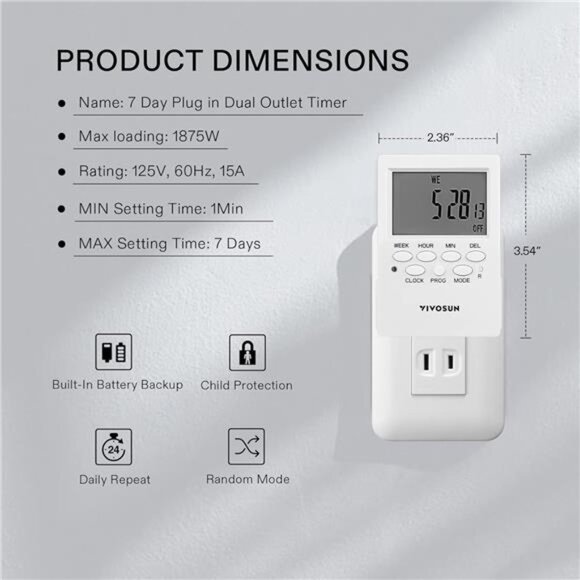 7 Day Programmable Digital Timer with Dual Outlet,20 On/Off UL Listed Heavy Duty - Picture 2 of 7